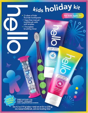 hello Kids Toothbrush and Kids Toothpaste Holiday Gift Set, Includes Wide Grip Kid Toothbrush and 2 Kid Toothpastes with Hourglass Timer and Bonus Holiday Crafts Inside, for Ages 3 and Older