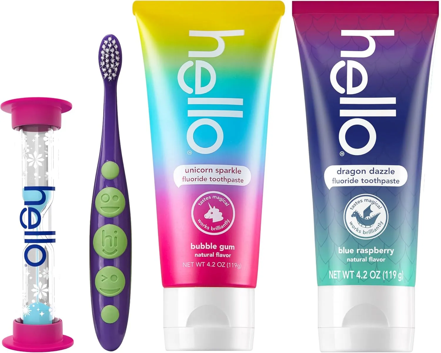 hello Kids Toothbrush and Kids Toothpaste Holiday Gift Set, Includes Wide Grip Kid Toothbrush and 2 Kid Toothpastes with Hourglass Timer and Bonus Holiday Crafts Inside, for Ages 3 and Older